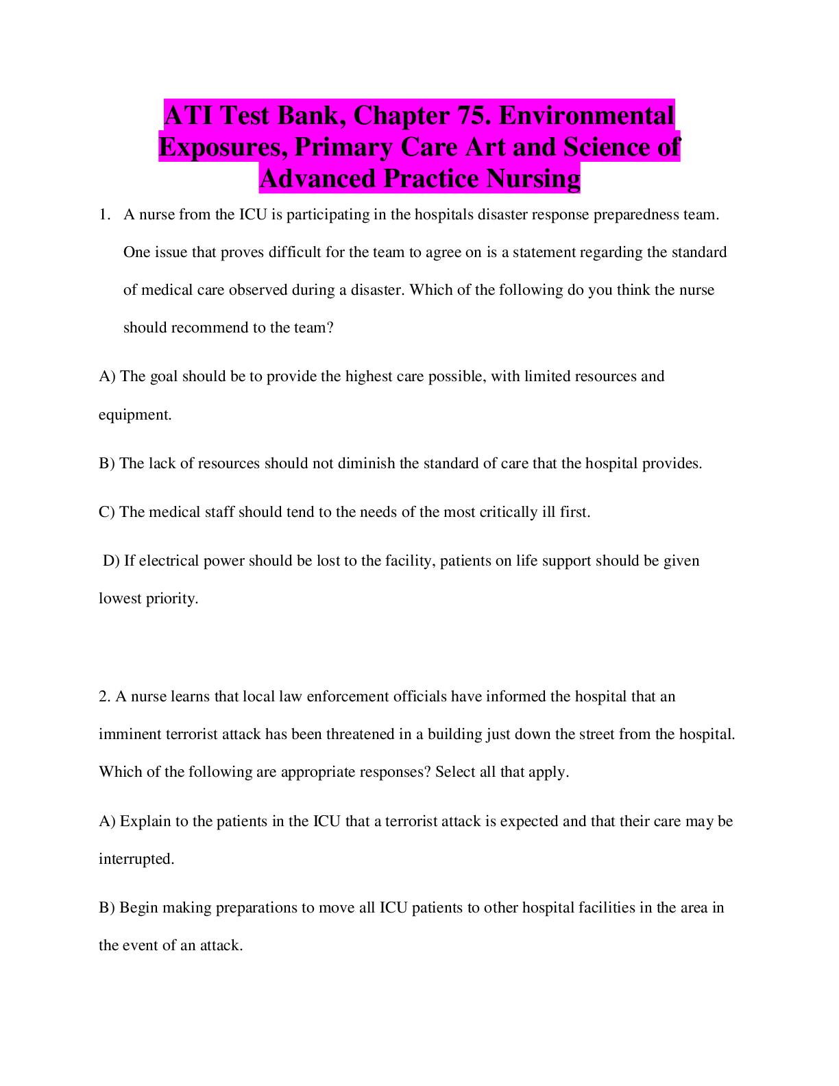 Preview of ATI Test Bank, Chapter 75. Environmental Exposures, Primary Care Art and Science of Advanc